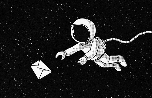 Dibujo de un astronauta en el espacio que se acerca a un sobre, que quizá contiene un mensaje