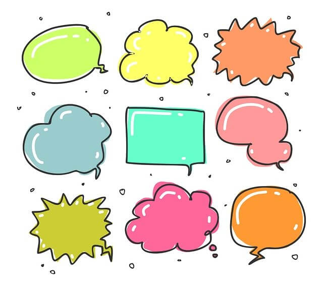 Nueve globos de diálogo diferentes que intentan indicar la variedad al diseñar la forma de hablar de un personaje 