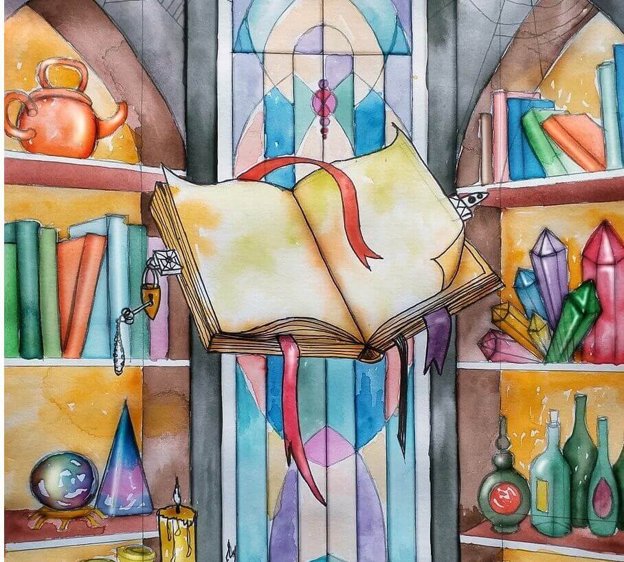 Dibujo de un libro abierto sin nada escrito que flota en una sala colorida llena de pócimas, cuarzos y objetos para la adivinación