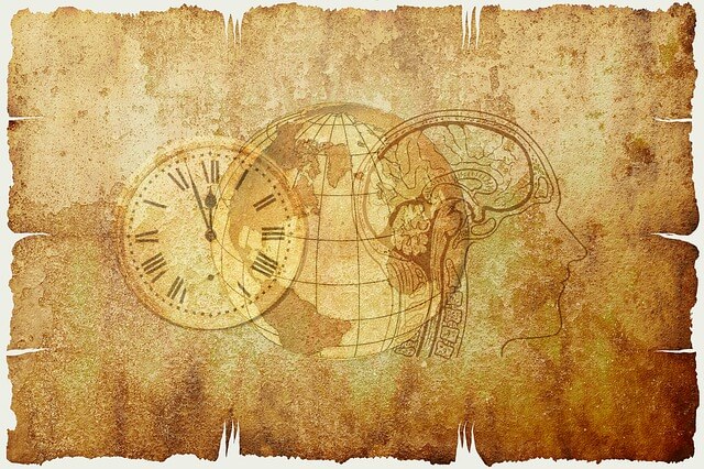 Pergamino con tres dibujos: un reloj, un globo terráqueo y una mente humana