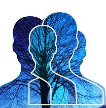 Siluetas azules de persona sobre ramas de árbol para simbolizar la diversidad de apariencia externa de un personaje
