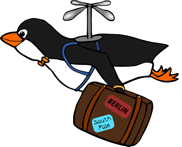 Pingüino volando con maleta que muestra anteriores viajes para ilustrar película con animales que hablan